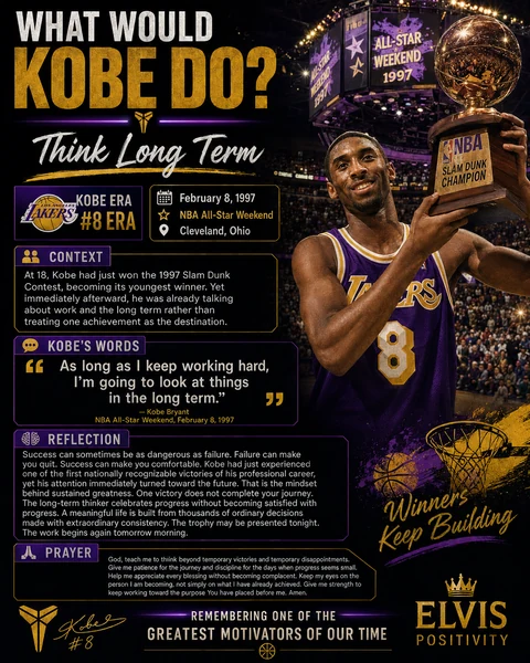 Think Long Term — original What Would Kobe Do? banner with a reflection and prayer